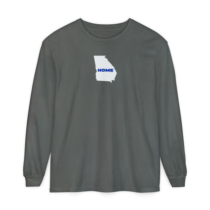 Gray Comfort Colors unisex heavy weight 100% cotton Georgia pride long-sleeve tee in school colors; State of Georgia graphic with text 'HOME'