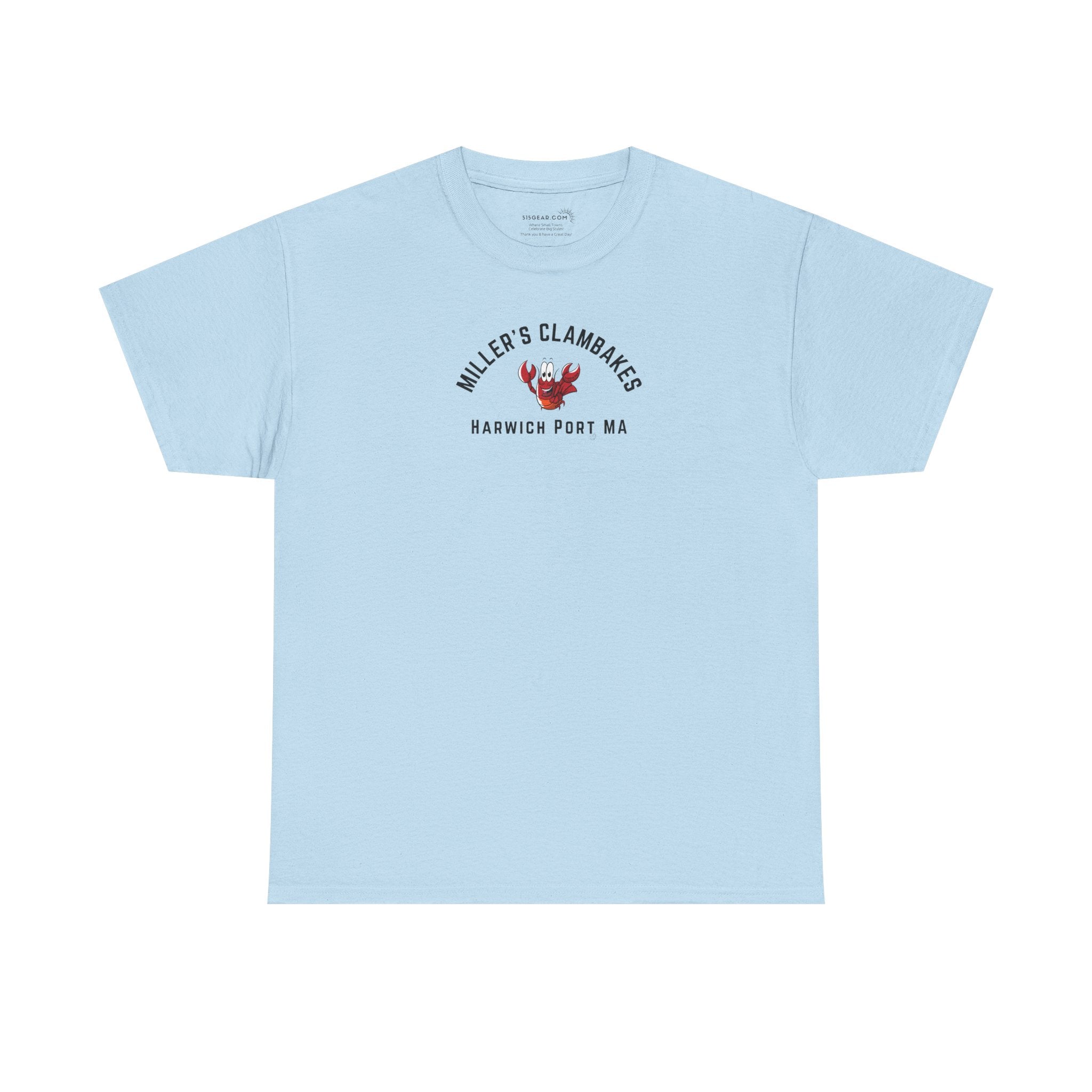 Light blue t-shirt with happy lobster graphic and text 'Miller's Clambakes Harwich Port, MA'  