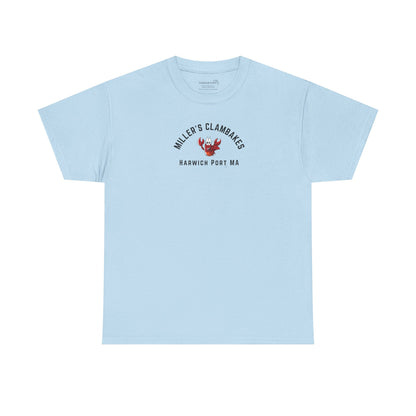 Light blue t-shirt with happy lobster graphic and text 'Miller's Clambakes Harwich Port, MA'  