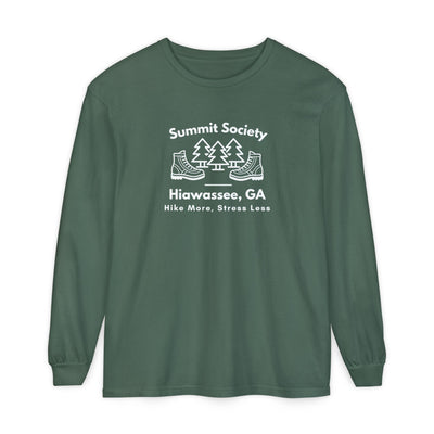 Long-sleeve t-shirt, 'Summit Society Hiawassee, GA Hike More, Stress Less' printed on the front.