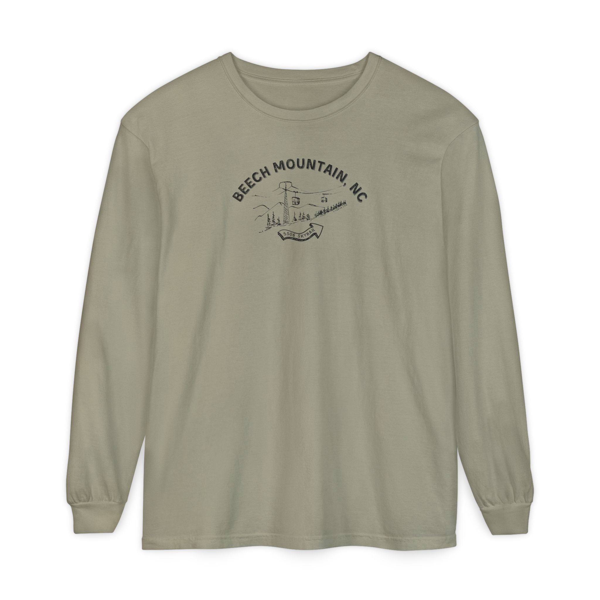 Sage green comfort color long-sleeve t-shirt with text 'Beech Mountain, NC - 5506 Skybar'