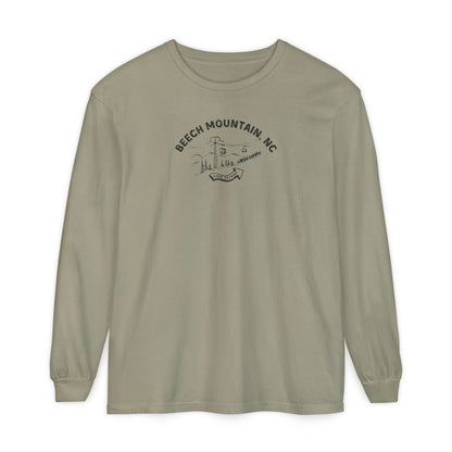 Sage green comfort color long-sleeve t-shirt with text 'Beech Mountain, NC - 5506 Skybar'