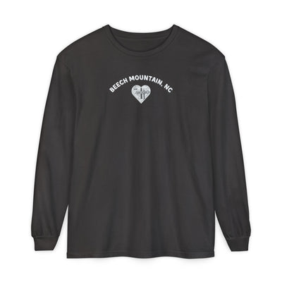 Black heather Comfort Colors® long-sleeve tee with a heart-shaped illustration of Beech Mountain’s slopes, chairlift, and sign pointing to 5506 Skybar 