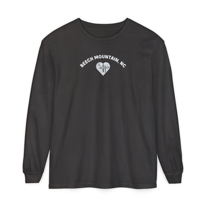 Black heather Comfort Colors® long-sleeve tee with a heart-shaped illustration of Beech Mountain’s slopes, chairlift, and sign pointing to 5506 Skybar 