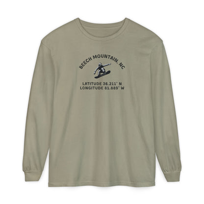 Khaki long sleeve tee with Snowboarder mid-air and text 'Beech Mountain, NC Latitude 36.211' N Longitude 81.889' W