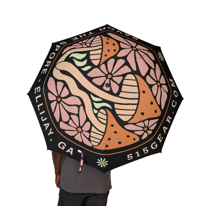 Umbrella with mushroom design and text Savor the Sport Ellijay GA by 515Gear.com