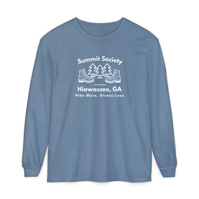 Long-sleeve t-shirt, 'Summit Society Hiawassee, GA Hike More, Stress Less' printed on the front.