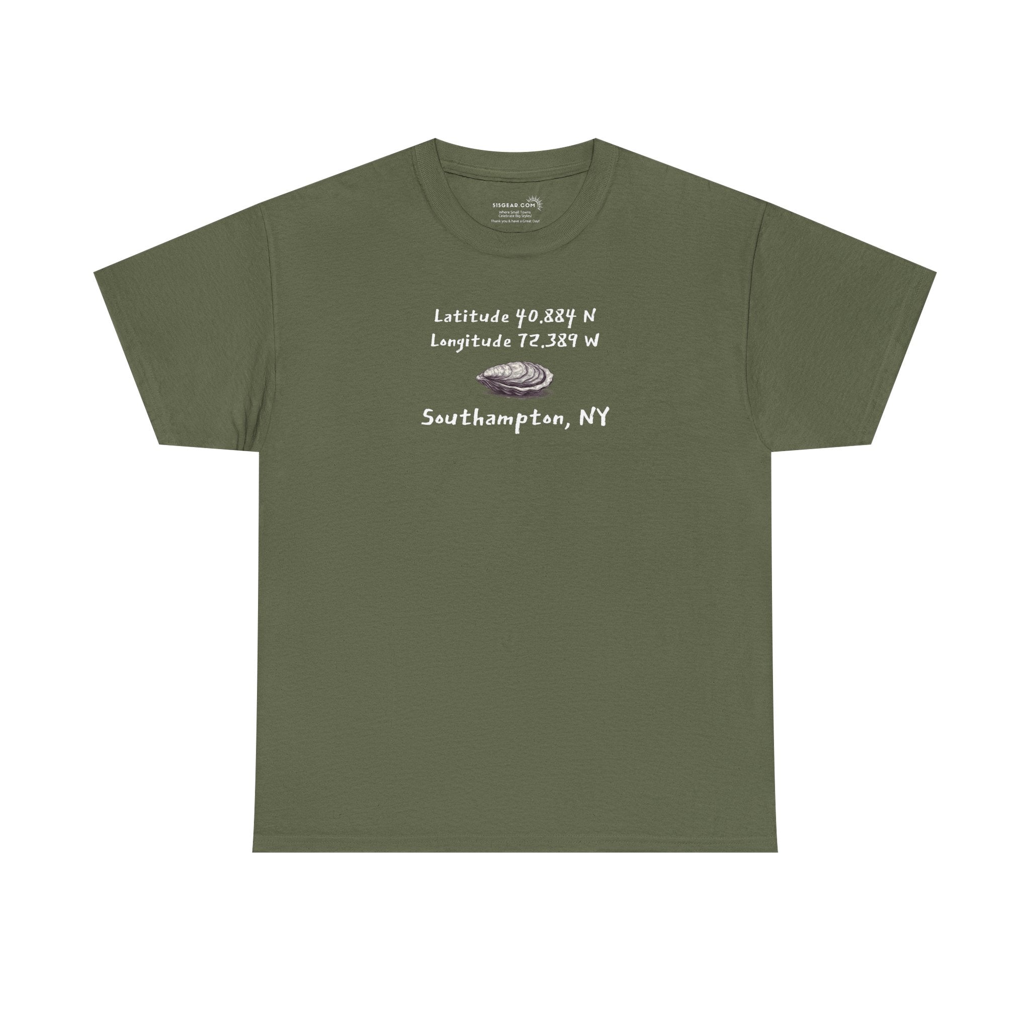 Green t-shirt with oyster graphic and text "latitude and longitude - Southampton NY"