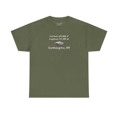 Green t-shirt with oyster graphic and text "latitude and longitude - Southampton NY"