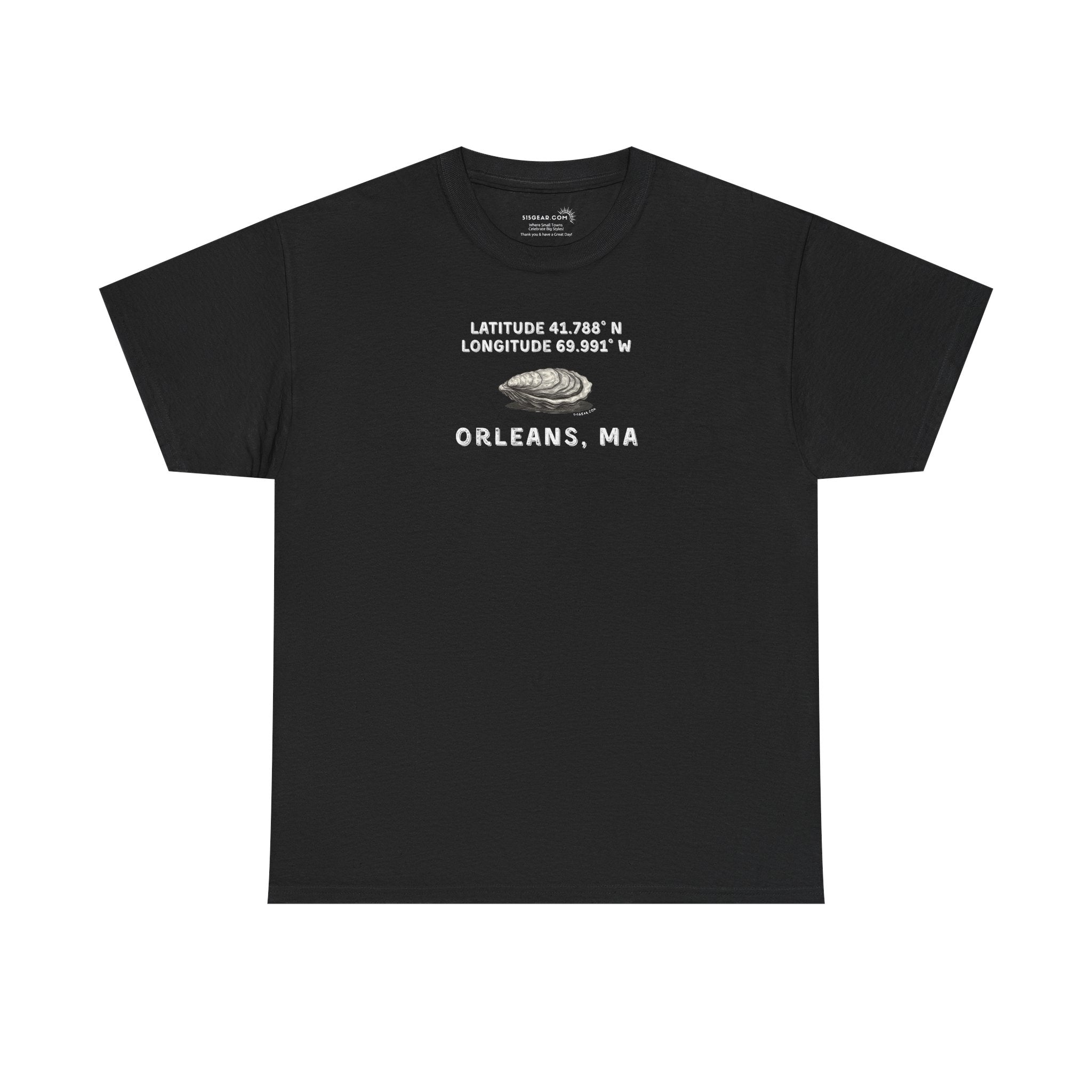 Black t-shirt with oyster graphic and rustic text "Latitude 41.788 N, Longitude 69.991 W - Orleans, MA" 
