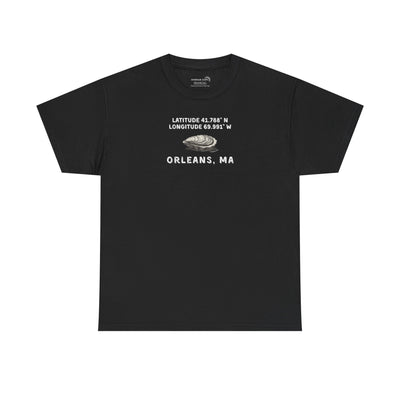 Black t-shirt with oyster graphic and rustic text "Latitude 41.788 N, Longitude 69.991 W - Orleans, MA" 