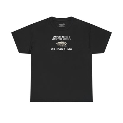 Black t-shirt with oyster graphic and rustic text "Latitude 41.788 N, Longitude 69.991 W - Orleans, MA" 