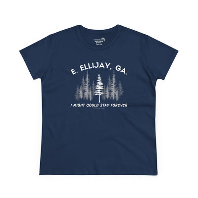 Women's semi-fitted t-shirt by 515 Gear | Ellijay, GA | 'I might could stay forever' forest graphic 