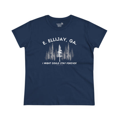 Women's semi-fitted t-shirt by 515 Gear | Ellijay, GA | 'I might could stay forever' forest graphic 