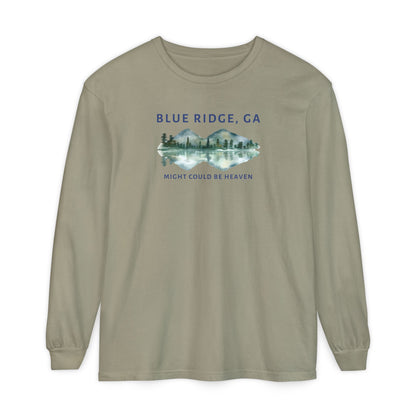 Olive Comfort Colors long-sleeve shirt with 'Blue Ridge, GA - Might Could Be Heaven" text and Mountain & Lake graphic
