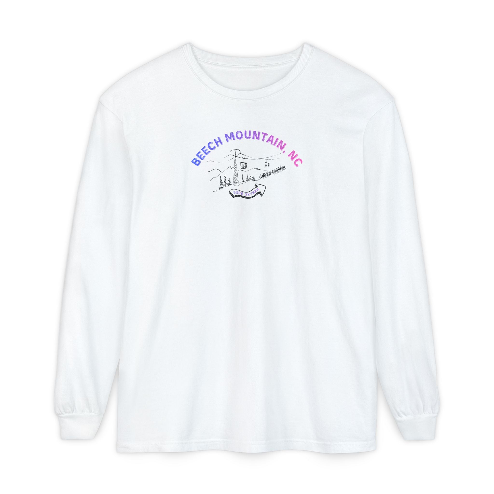 White comfort color long-sleeve t-shirt with text 'Beech Mountain, NC - 5506 Skybar'
