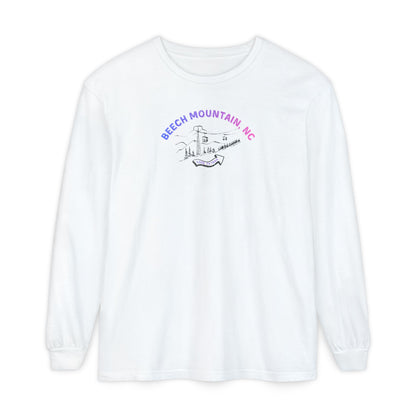 White comfort color long-sleeve t-shirt with text 'Beech Mountain, NC - 5506 Skybar'