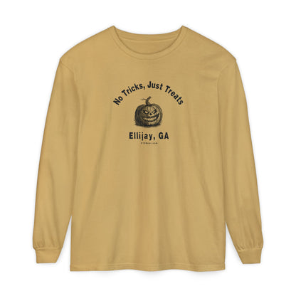 Mustard comfort colors long sleeve tee with Halloween-themed design "No Tricks, Just Treats - Ellijay, GA" by 515Gear.com