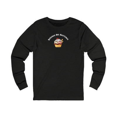 Heather Gray long-sleeve T-shirt with ice cream sundae graphic and text "delicious not nutritious" by 515gear.com