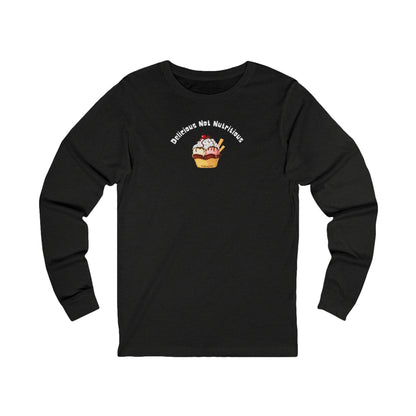 Heather Gray long-sleeve T-shirt with ice cream sundae graphic and text "delicious not nutritious" by 515gear.com
