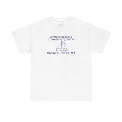 White t-shirt with text "Latitude 41.669 N Longitude 70.058 W - Harwich Port, MA" and sailboat graphic