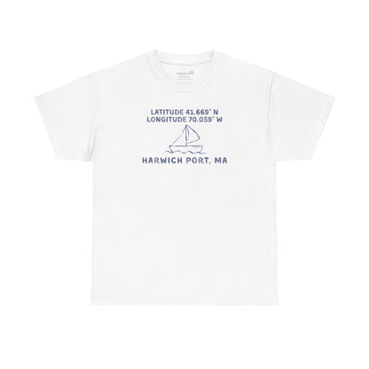 White t-shirt with text "Latitude 41.669 N Longitude 70.058 W - Harwich Port, MA" and sailboat graphic