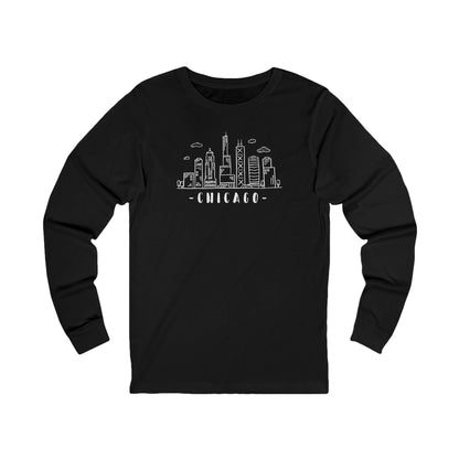 Black long-sleeve shirt with Chicago skyline graphic and text "Chicago"