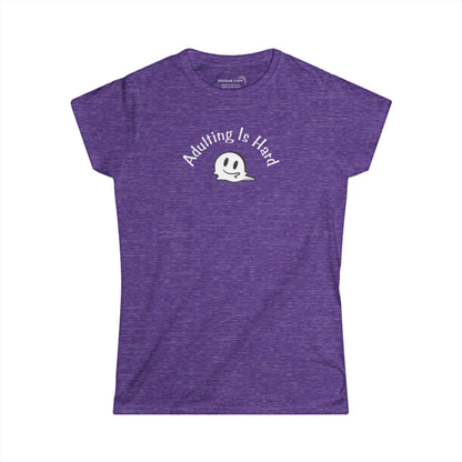 Purple super soft v-neck Women's t-shirt with text Adulting is Hard and graphic of a melting smiley face