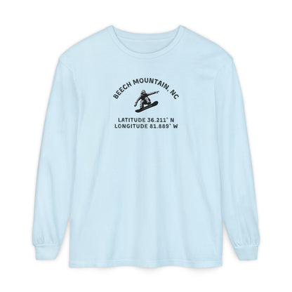 Light blue long sleeve tee with Snowboarder mid-air and text 'Beech Mountain, NC Latitude 36.211' N Longitude 81.889' W
