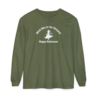 Green long-sleeve unisex comfort color t-shirt with halloween witch graphic holding a wine glass  and text "Witch Way to the Vineyard - Happy Halloween" 