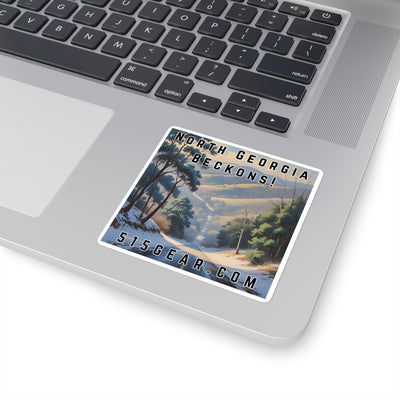 North Georgia Beckons! Square Sticker — Scenic Winter Mountain Travel Decal