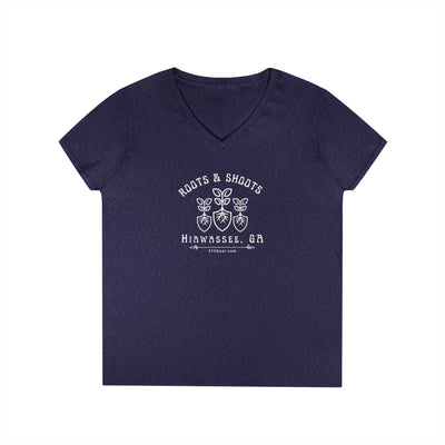 Women’s V-Neck T-shirt, Roots & Shoots, Garden shovel root leaf graphic, 515Gear.com | Hiawassee, GA | celebrate gardening 