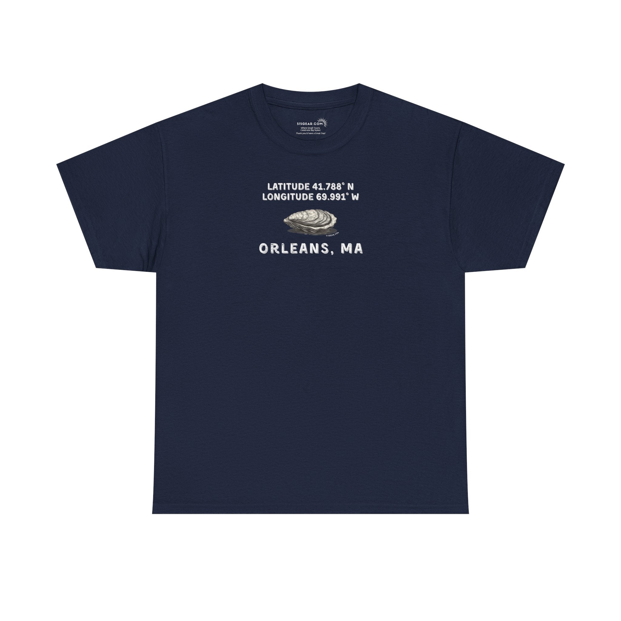 Navy blue t-shirt with oyster graphic and rustic text "Latitude 41.788 N, Longitude 69.991 W - Orleans, MA" 