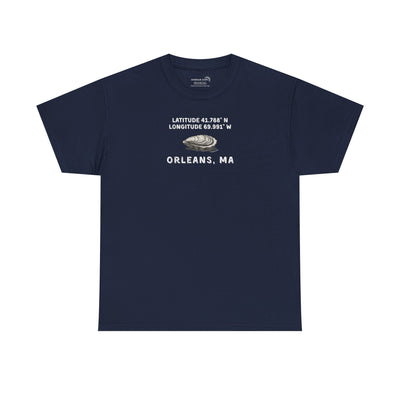 Navy blue t-shirt with oyster graphic and rustic text "Latitude 41.788 N, Longitude 69.991 W - Orleans, MA" 