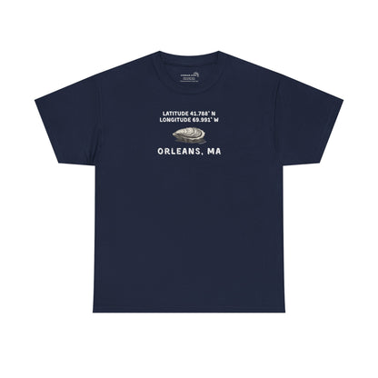 Navy blue t-shirt with oyster graphic and rustic text "Latitude 41.788 N, Longitude 69.991 W - Orleans, MA" 