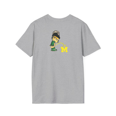 Gray t-shirt with cartoon Sparty peeing with text Always Spartan