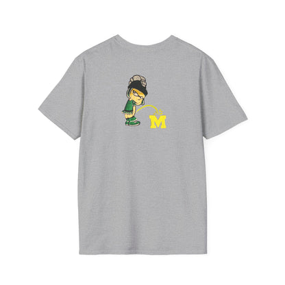 Gray t-shirt with cartoon Sparty peeing with text Always Spartan