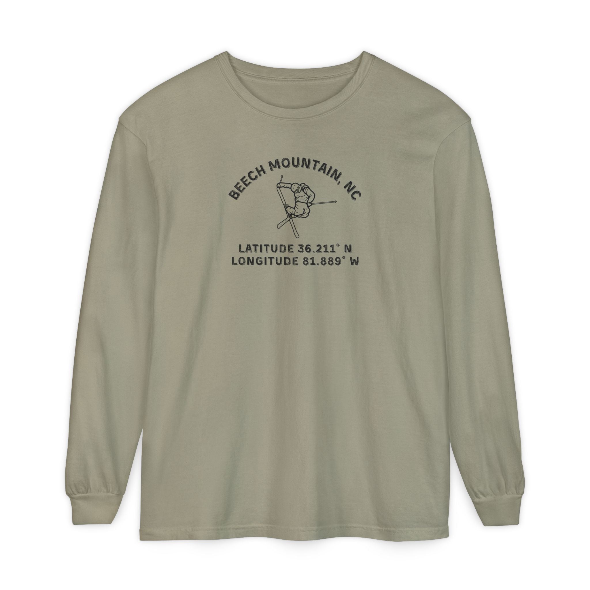 Sandy long sleeve tee with skier doing an iron cross jump mid-air and text 'Beech Mountain, NC Latitude 36.211' N Longitude 81.889' W