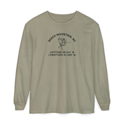 Sandy long sleeve tee with skier doing an iron cross jump mid-air and text 'Beech Mountain, NC Latitude 36.211' N Longitude 81.889' W
