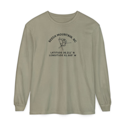 Sandy long sleeve tee with skier doing an iron cross jump mid-air and text 'Beech Mountain, NC Latitude 36.211' N Longitude 81.889' W