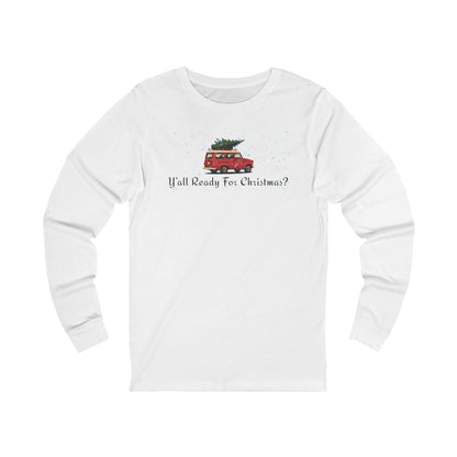 White long-sleeve shirt with Christmas-themed graphic and text "Y'All Ready For Christmas?"