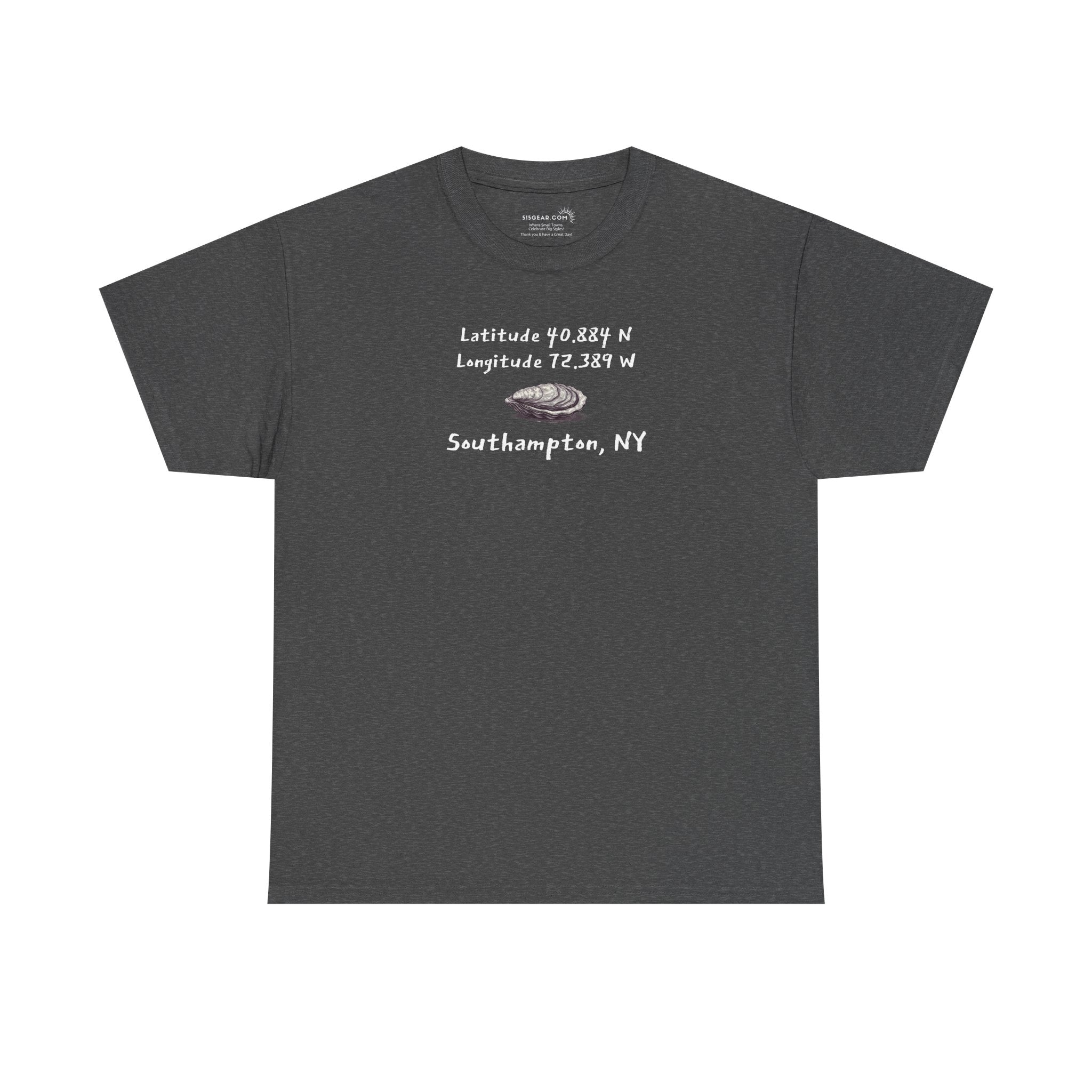Dark gray t-shirt with oyster graphic and text "latitude and longitude - Southampton NY"