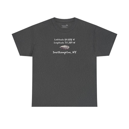 Dark gray t-shirt with oyster graphic and text "latitude and longitude - Southampton NY"