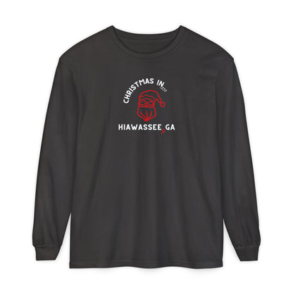Black long-sleeve unisex Comfort Colors t-shirt with Christmas graphic and text "Christmas in Hiawassee, GA"