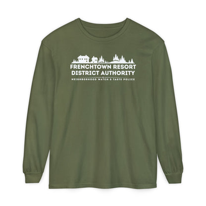 Green Comfort Colors long-sleeve tee with text Frenchtown Resort District Authority Neighborhood Watch & Taste Police