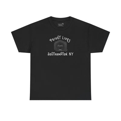 Black t-shirt with privet beach pathway illustration and text "Privet Lives - Southampton, NY"