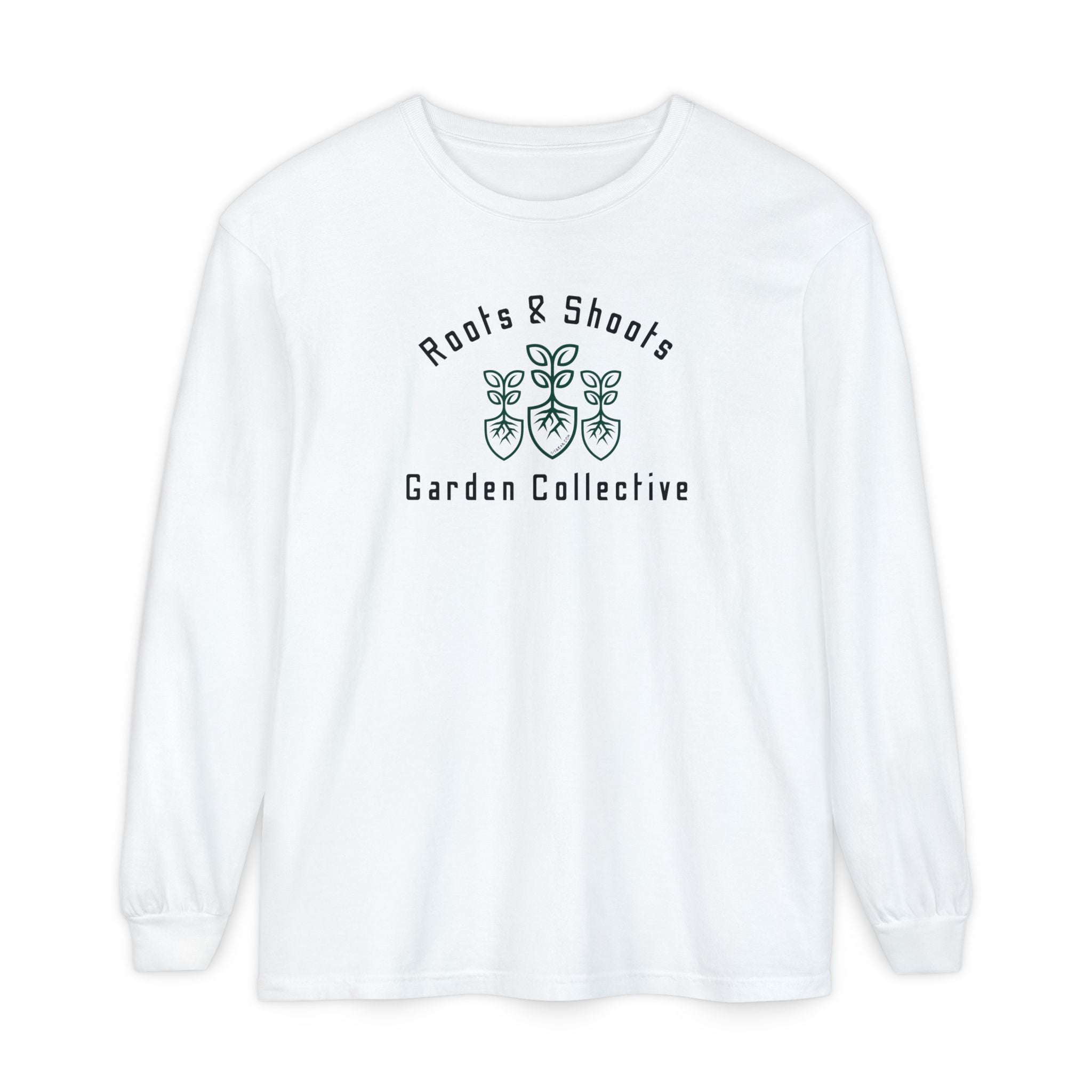 White long sleeve t-shirt with 'Roots & Shoots Garden Collective' logo on a white background