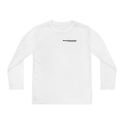 White long-sleeve performance tee with text "Beech Mountain, Vertical Drop: 830 ft" on the front