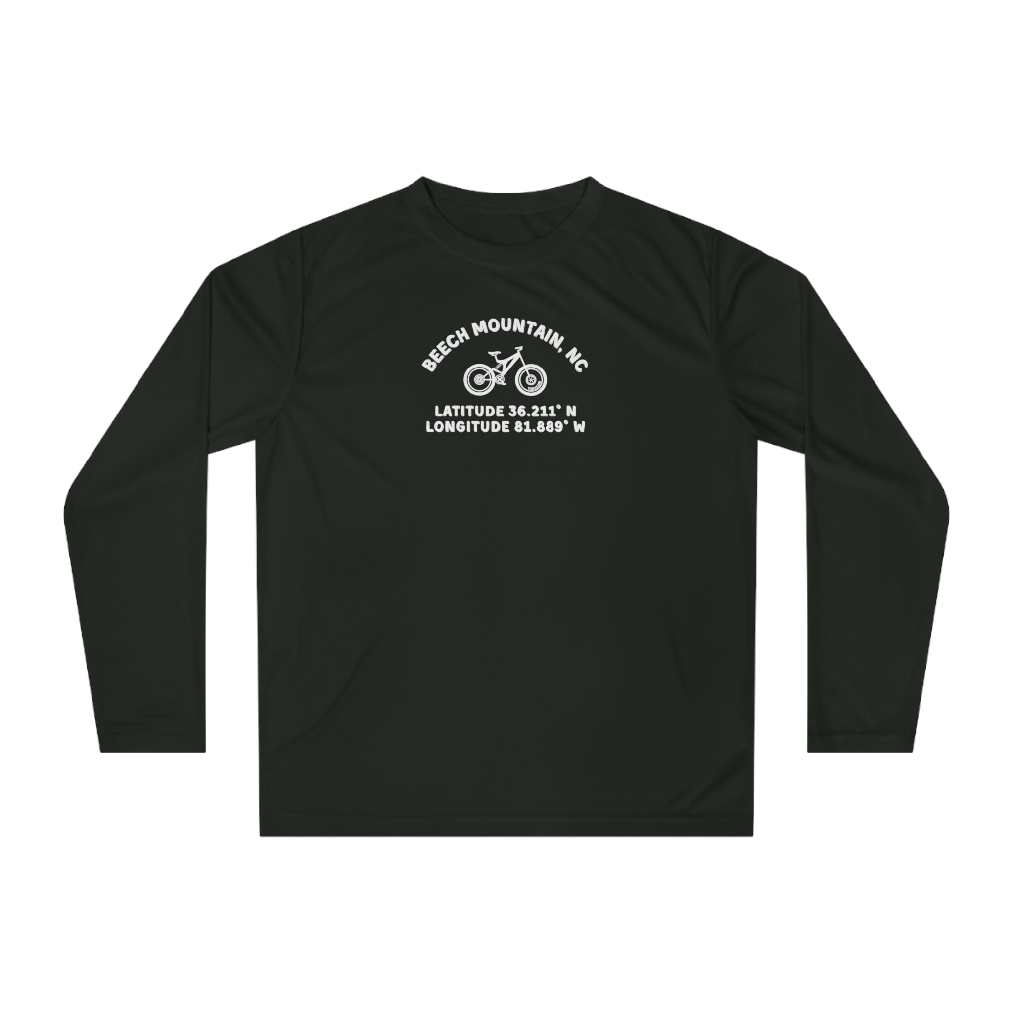 Black long-sleeve shirt with mountain bike graphic and text "Beech Mountain, NC - Latitude and Longitude" coordinates