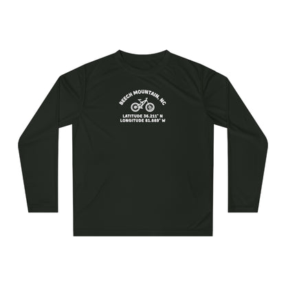Black long-sleeve shirt with mountain bike graphic and text "Beech Mountain, NC - Latitude and Longitude" coordinates